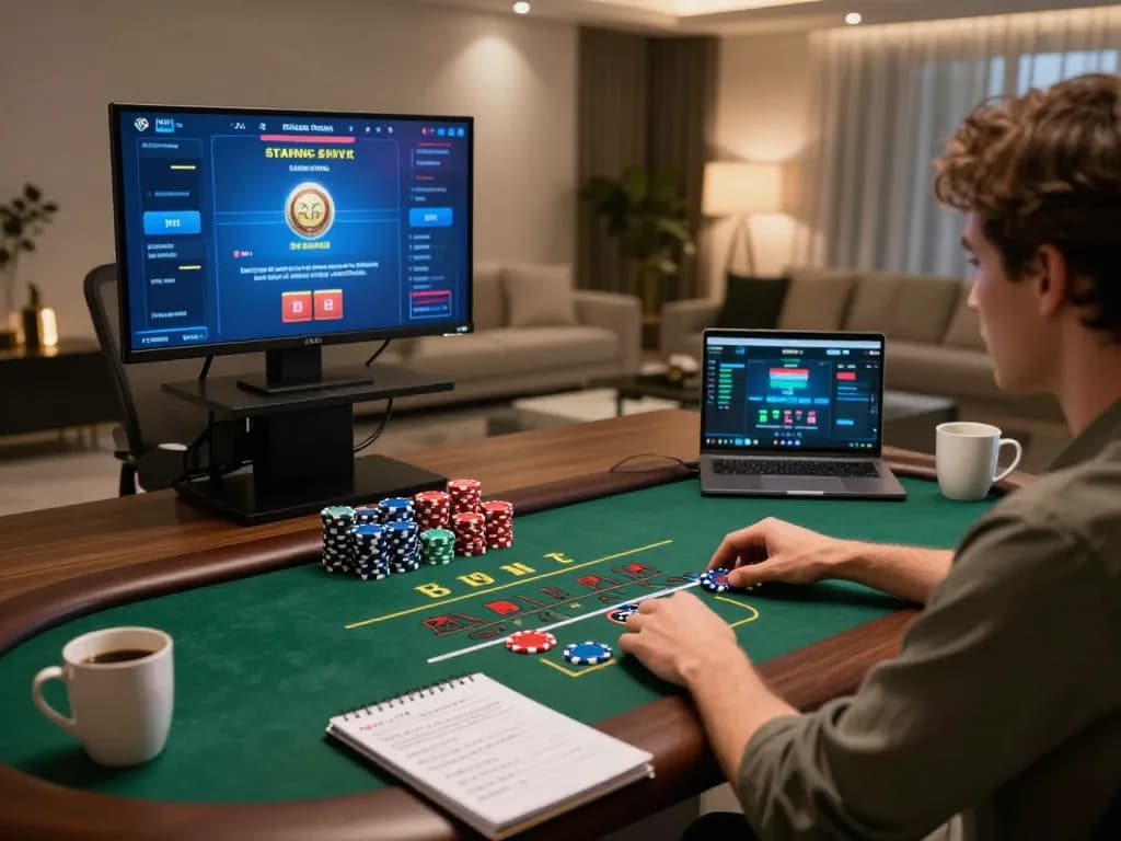 W88 player engaging in live dealer blackjack at home with focused strategy and warm ambiance