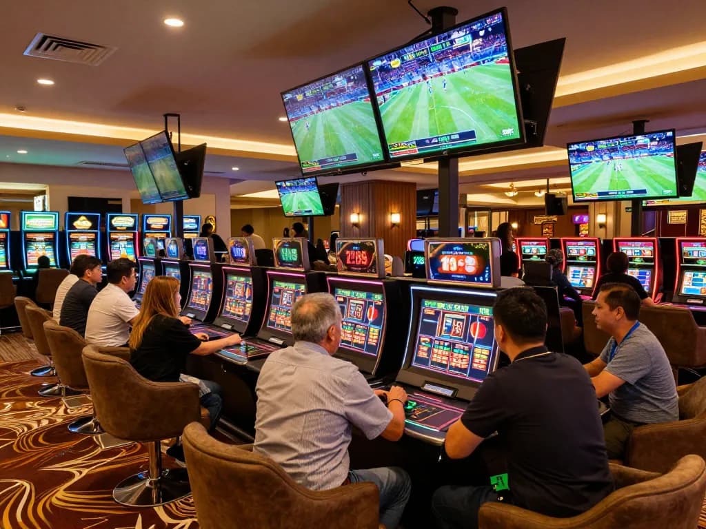 Watch exciting sports betting at 78win's modern lounge with enthusiastic patrons placing real-time bets.