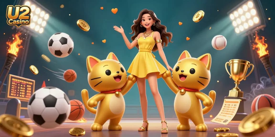 Engage with U2 Casino's vibrant world of gaming featuring lively characters, sports themed elements, and golden treasures.