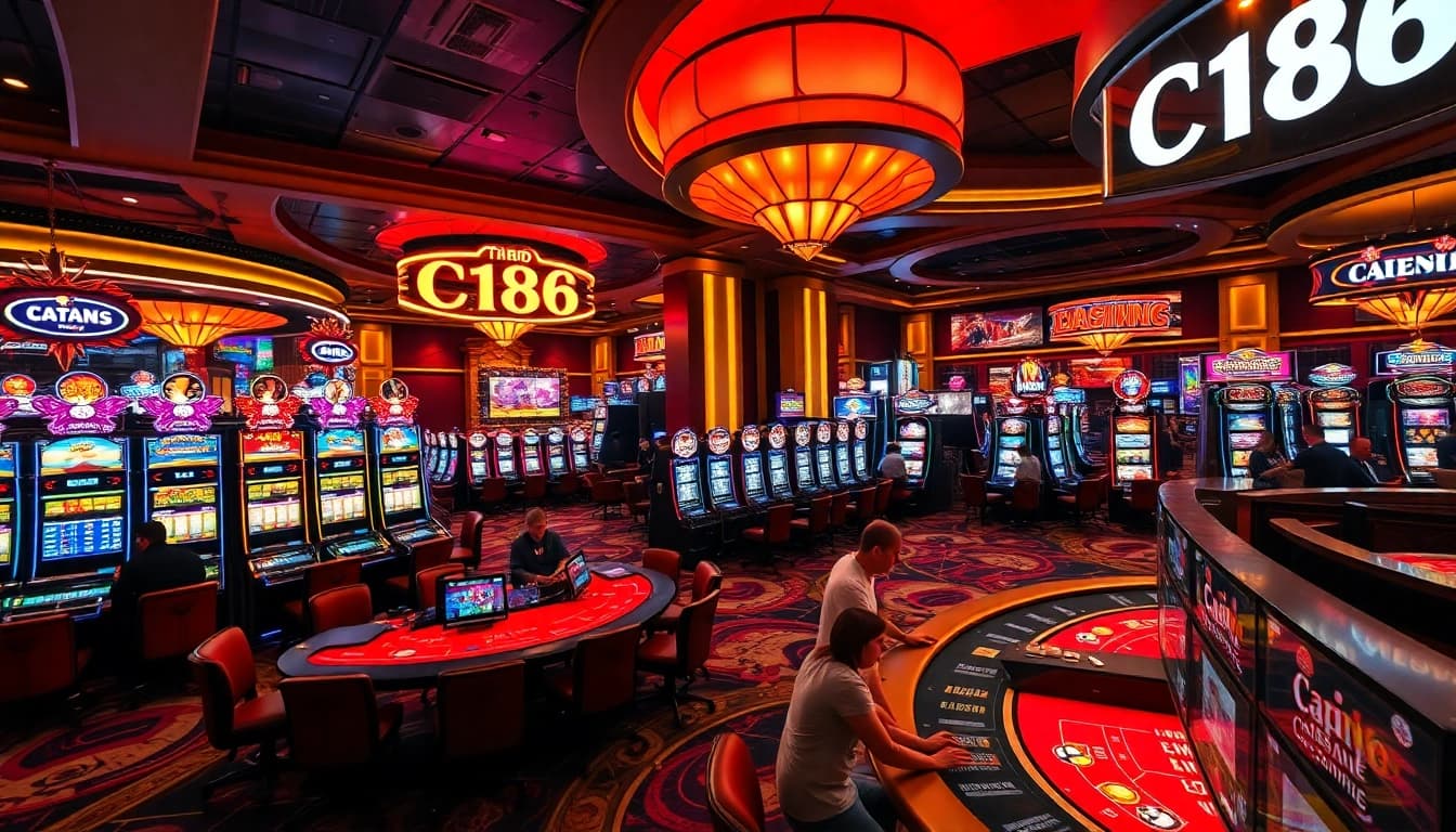 C168 branding prominent in a lively casino scene with players enjoying various games of chance.