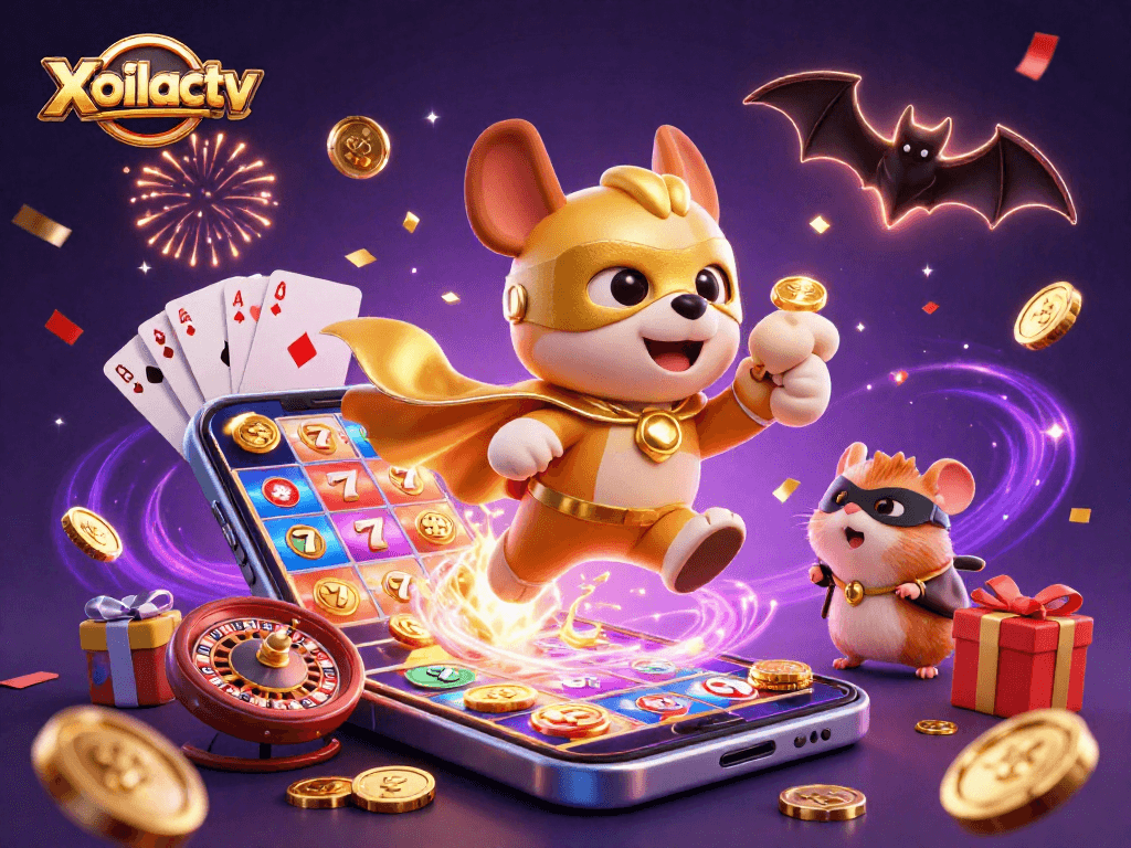 Xoilactv showcases a hero dog and hamster amidst a vibrant casino celebration with gold coins and gaming symbols.