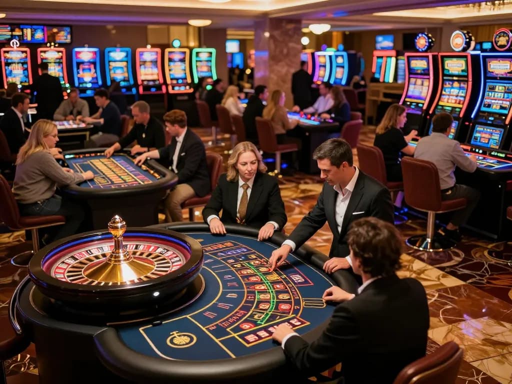 B52club players engaging at a bustling roulette table in a luxurious casino setting, showcasing the excitement of gaming.