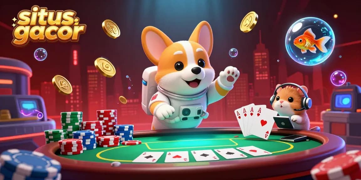 Situs gacor presents an exciting zero-gravity scene with a floating casino, poker action, and vibrant characters!