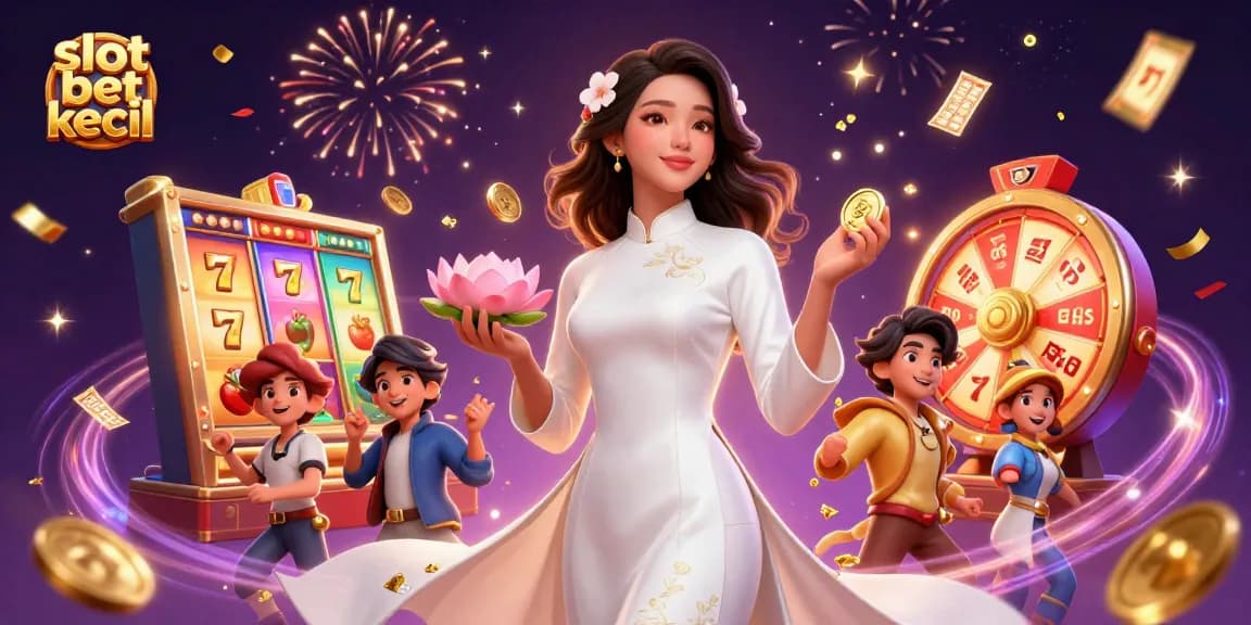 Engage with slot bet kecil on this vibrant illustration featuring Asian elegance, slot reels, and joyful energy.
