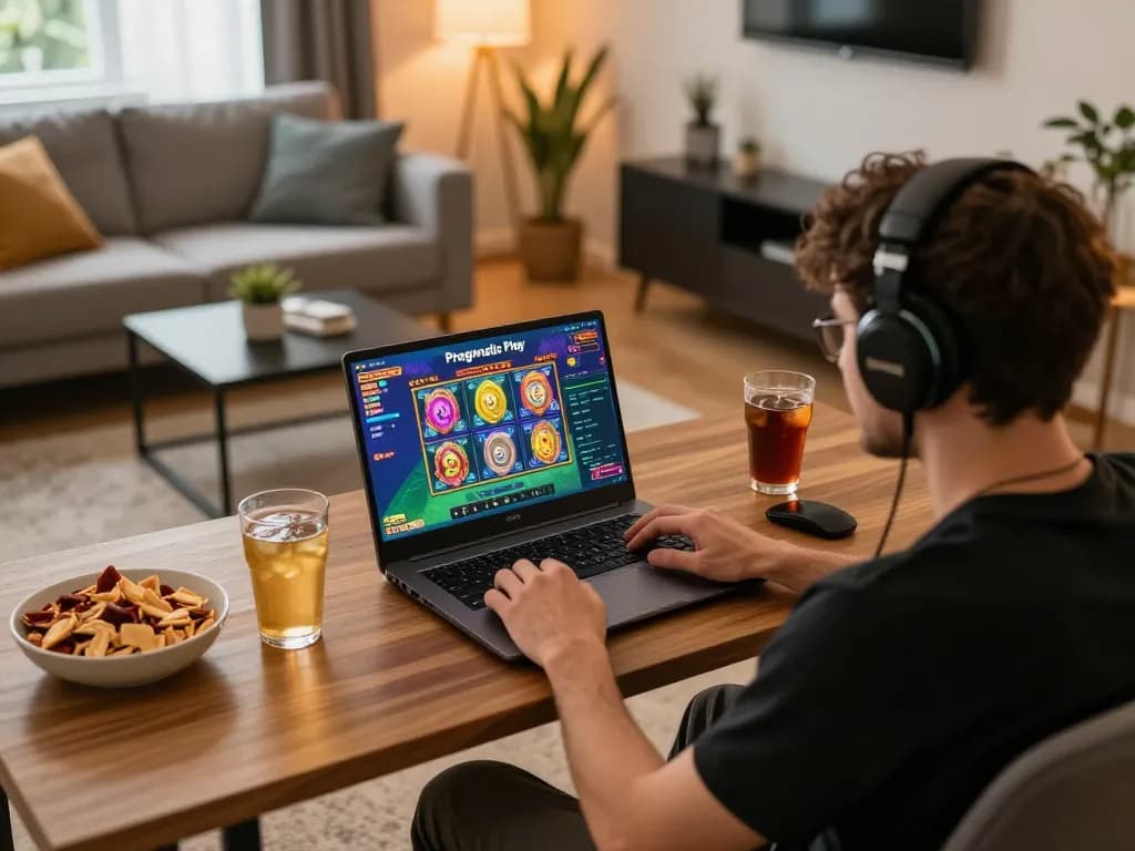 Engage in strategic gaming with lovingaze at home featuring a laptop showcasing a Pragmatic Play slot game.