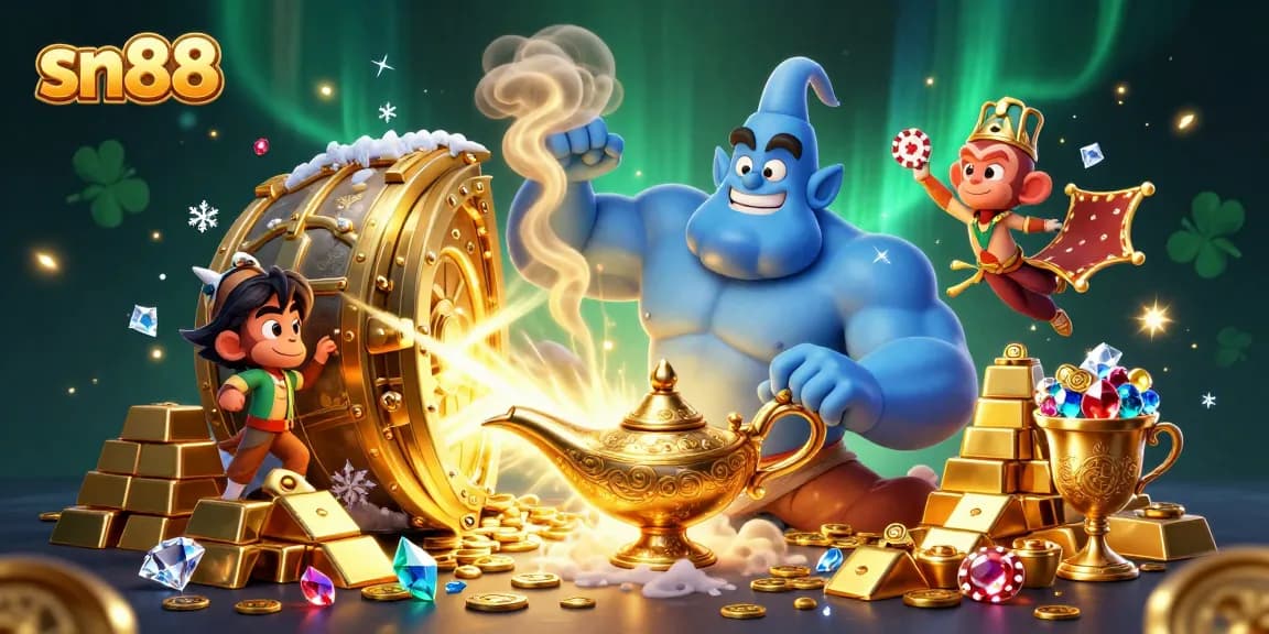 Engage with sn88’s enchanting casino world, featuring a genie, monkey, and vibrant treasures.