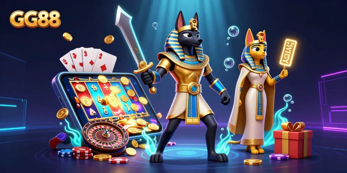 Experience thrilling gameplay with GG88, showcasing Anubis and Bastet amidst dynamic slot game elements.