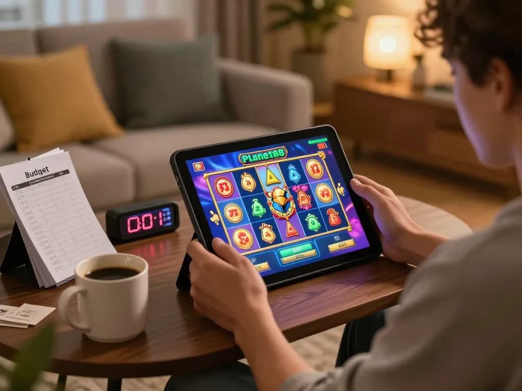 Player enjoying Planet88's engaging slot machine game on a tablet, surrounded by a cozy atmosphere