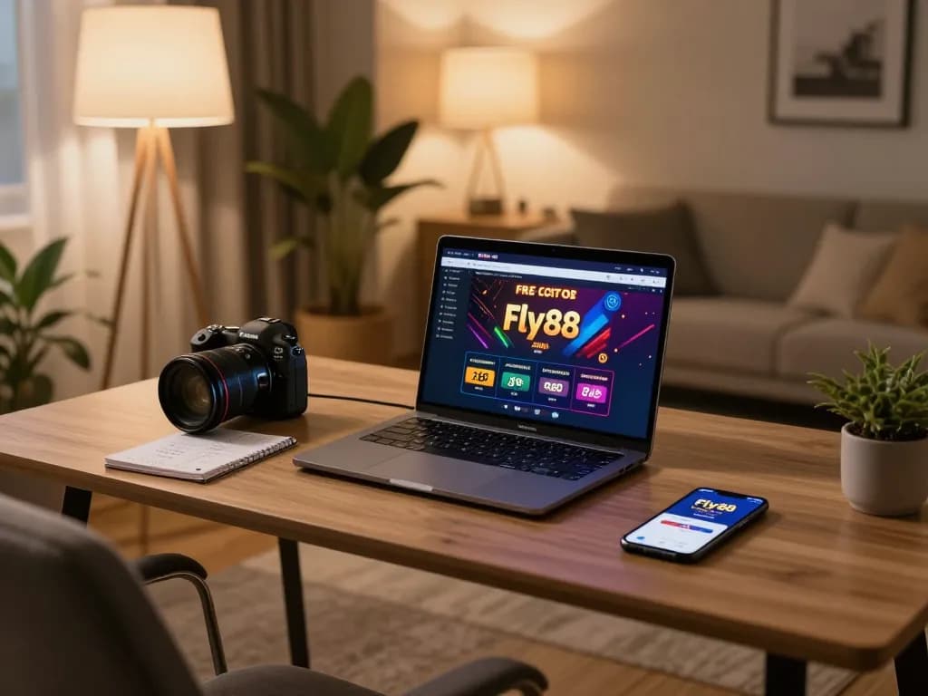 Player engaging with Fly88 free online casino on a laptop at home, showcasing a cozy gaming environment with warm lighting.