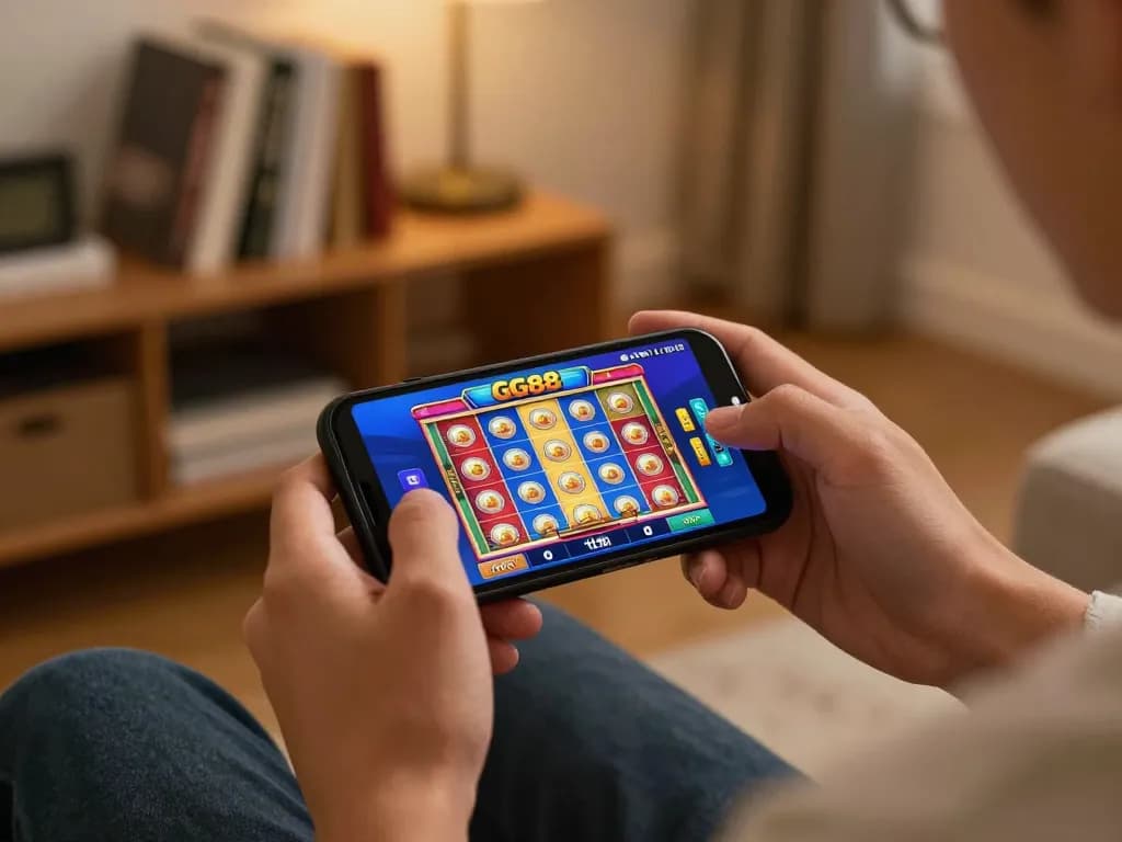 Player engaging with GG88 mobile casino app on smartphone, showcasing vibrant slot machine game in a cozy home setting