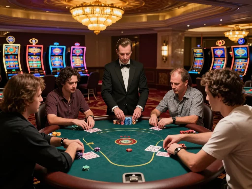 Players engage in a high-stakes poker game at a luxurious casino with gen-e branding highlighted.