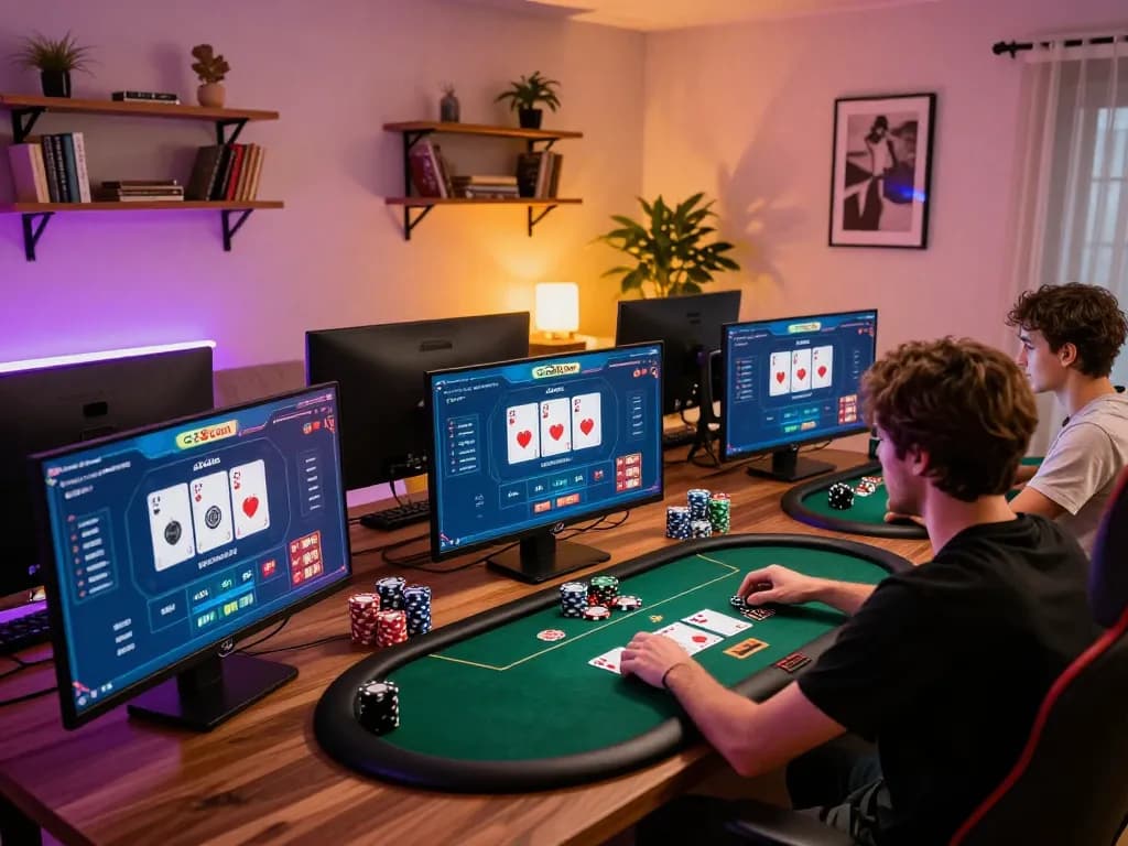 Player utilizing g28 com for online poker while surrounded by an inviting home environment, showcasing strategic gaming