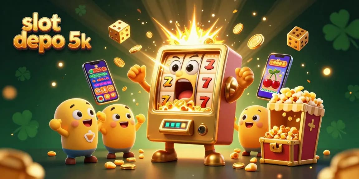Engage with the thrilling world of slot depo 5k, as vibrant slot machines celebrate a jackpot amidst a colorful casino atmosphere.