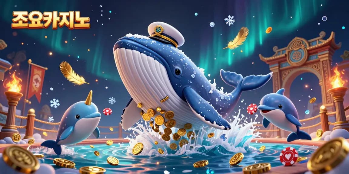 Engage in thrilling gaming experiences at 조이카지노 with a captivating scene featuring a whale in coins, poker chips, and dramatic effects.