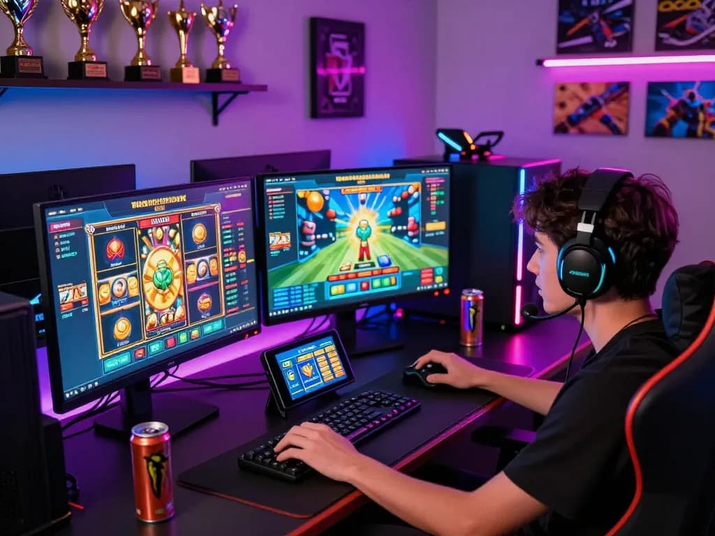 Engaged gamer enjoying barcaslot digital slot games at a vibrant gaming setup.