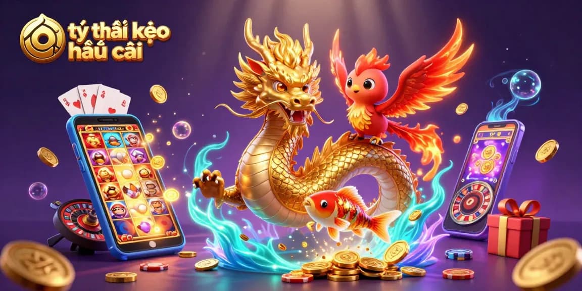 Engage with tỷ lệ kèo nhà cái in this vibrant scene featuring a golden dragon, phoenix, and koi fish with dynamic casino elements.
