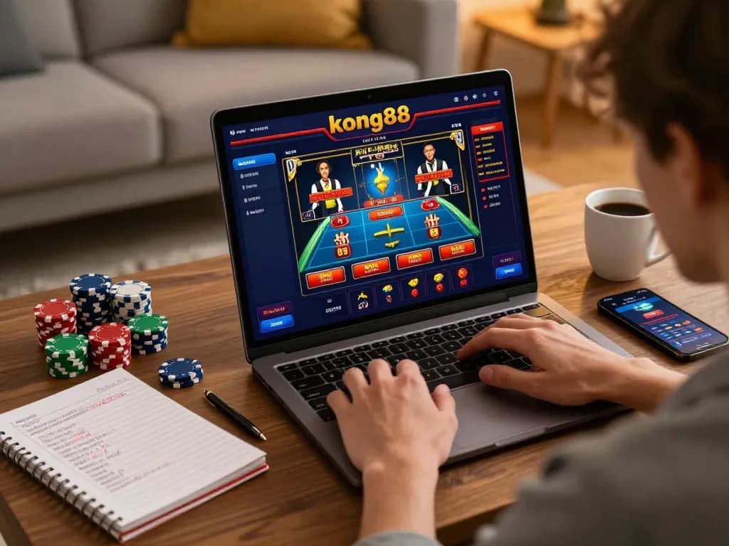 Player enjoying online gaming at kong88 with strategic notes and coffee in a cozy home setting.