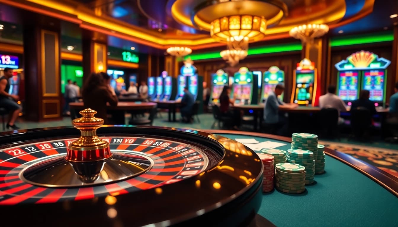 Experience the thrills of 13win with vibrant casino tables and spinning roulette wheels.