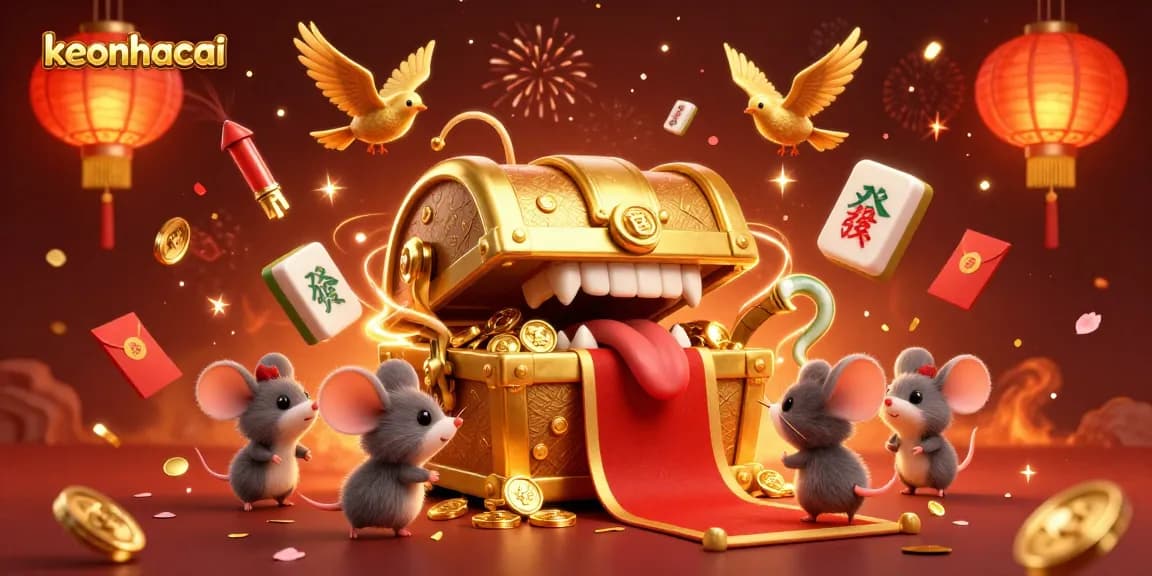 Engage with keonhacai as adventurer mice are drawn to a golden treasure chest in a vibrant casino scene.