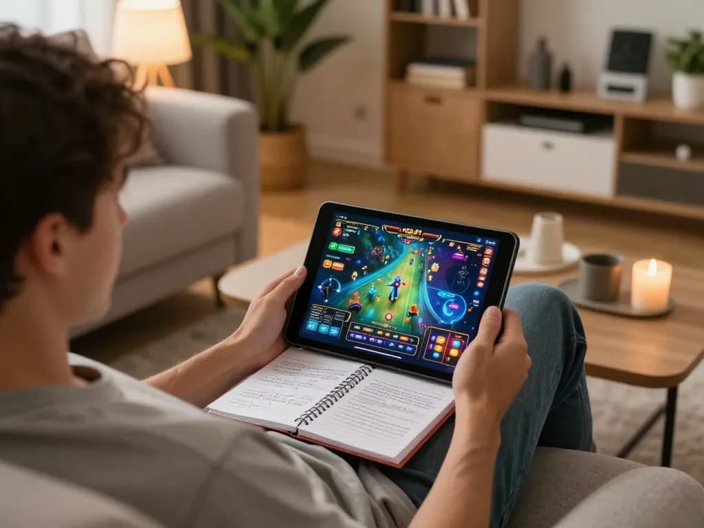 Player engaging with PGSLOT on tablet in a comfortable home environment, illustrating responsible gaming.