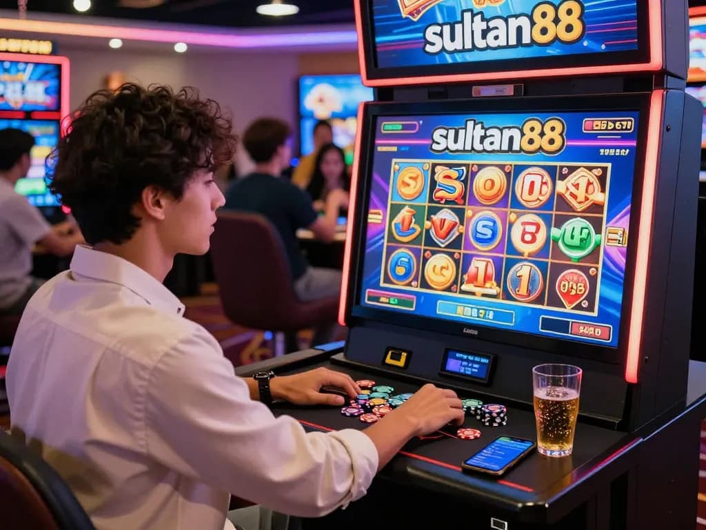 Engaging gameplay with sultan88 logo on vibrant online casino screen surrounded by chips and drinks.