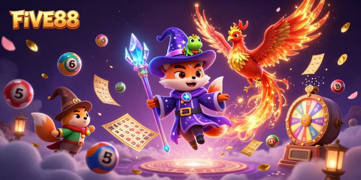 Experience the thrill of winning at FIVE88 with colorful lottery balls and vibrant game elements.