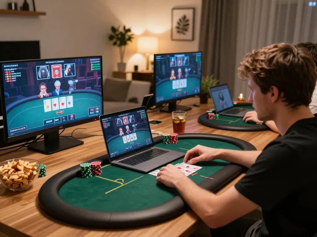 Player engaging in a thrilling online poker game with tg88 on laptop, showcasing strategic gameplay and responsible gaming environment