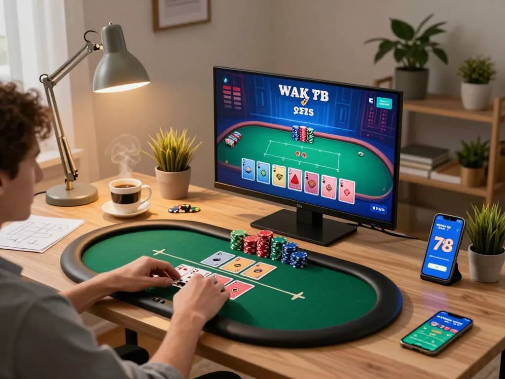 Engage in gameplay at 789win online casino with poker setup, chips spread out, and strategy notepad.