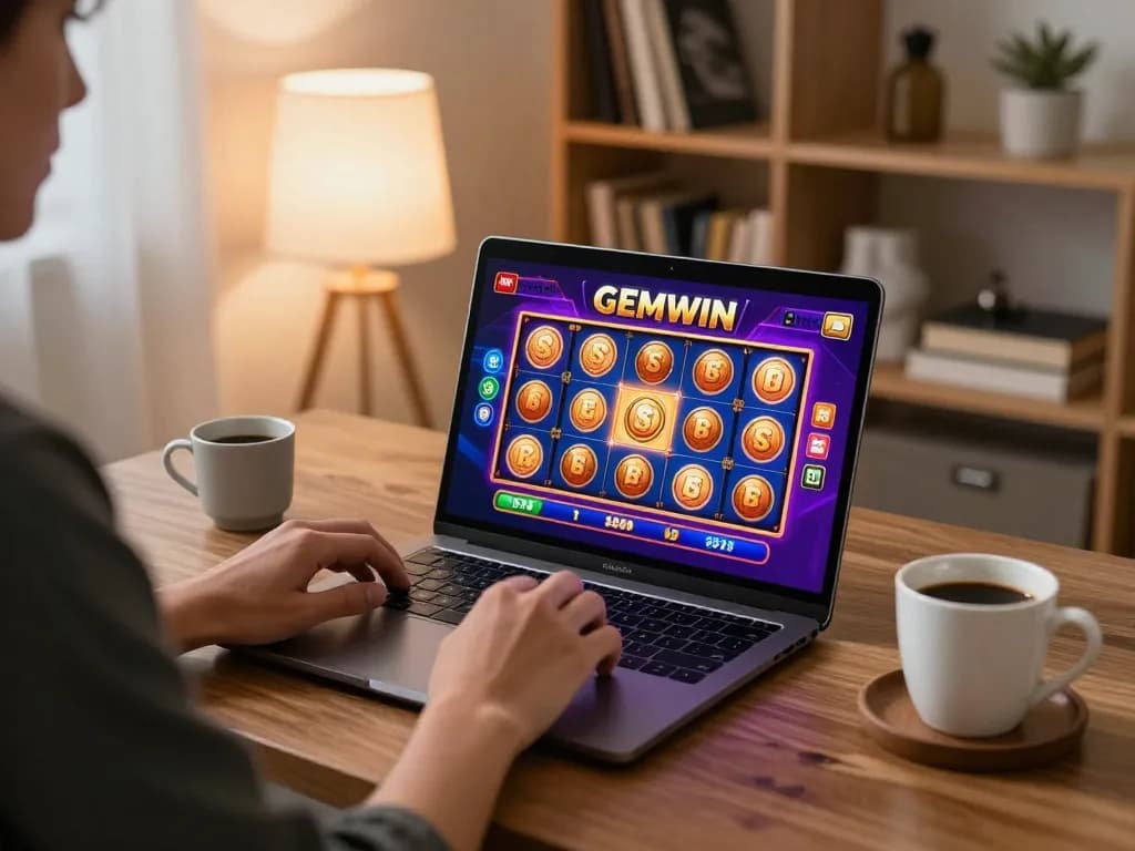 Engaging player enjoying GEMWIN games on laptop in a cozy home setting