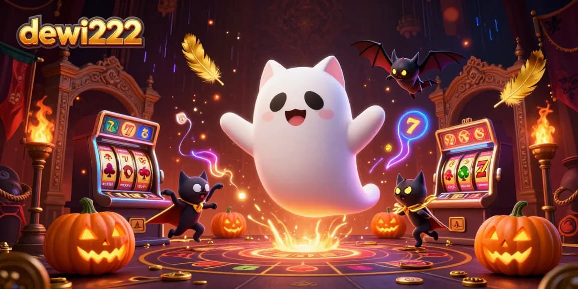 Gambarkan dewi222 saat bermain di kasino dengan slot dan hantu lucu.