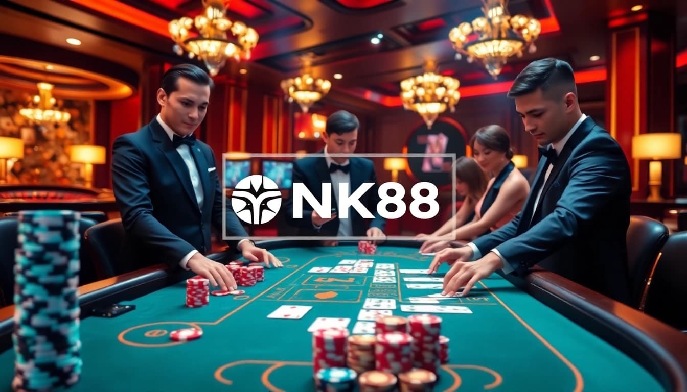 NK88 poker game scene with luxurious casino elements, intense players, and vibrant atmosphere.
