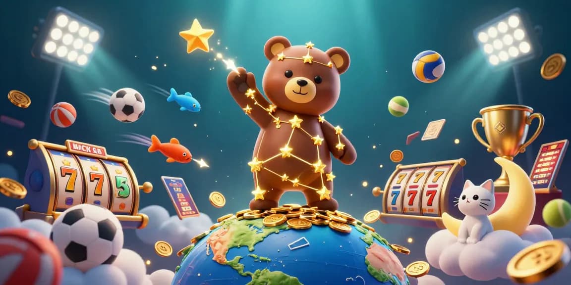 Spin the 888r slot reels while a constellation bear scoops coins amid vibrant casino action.