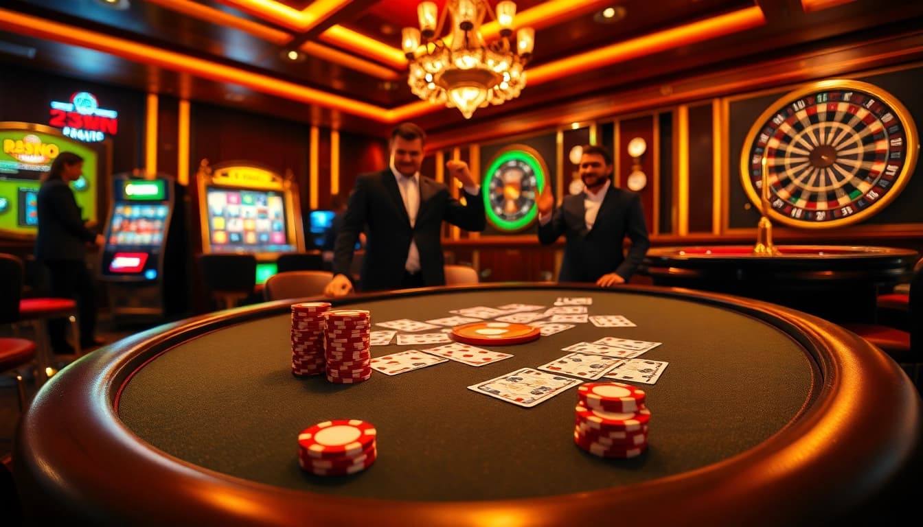 Experience the vibrant atmosphere of 23win casino with players celebrating their wins at the blackjack table.