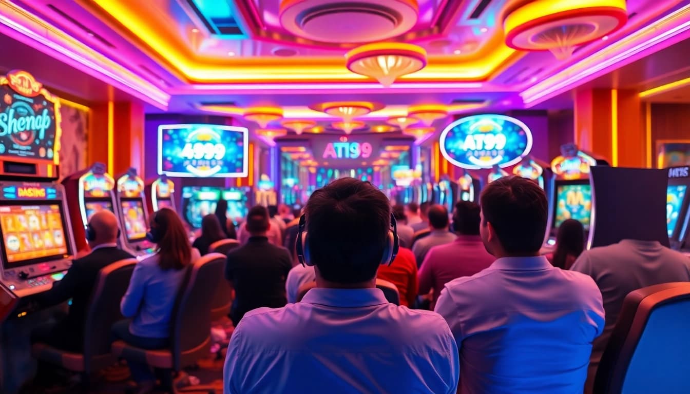 Experience gaming in a vibrant atmosphere at AT99娛樂城 with energetic players and neon lights.