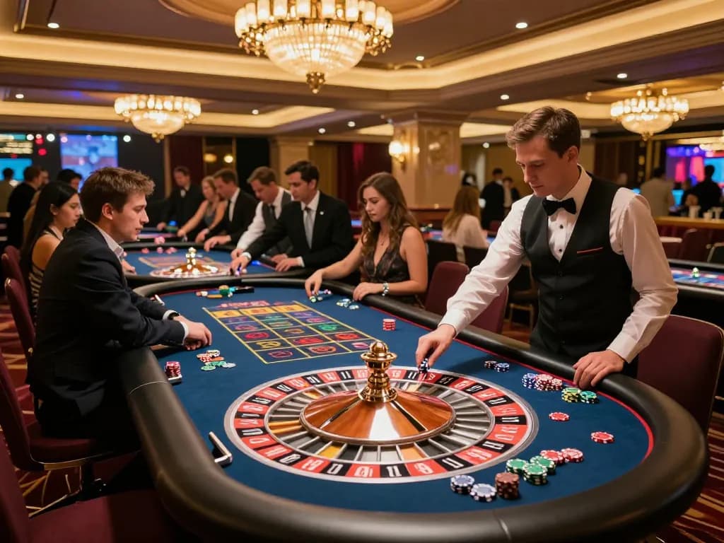 Experience the excitement of roulette at 77WIN with players engaging and betting in a luxurious casino.