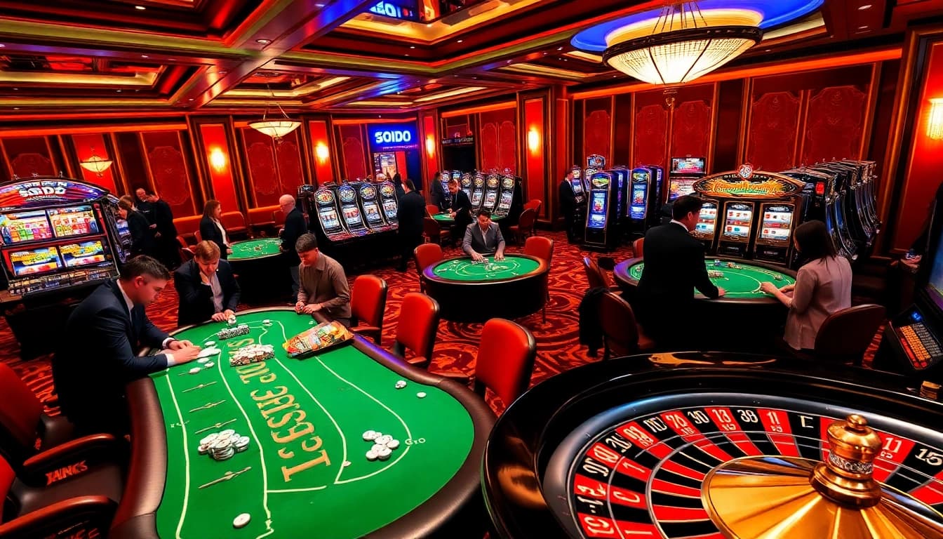 SODO casino gaming room filled with poker tables, roulette wheels, and vibrant slot machines.