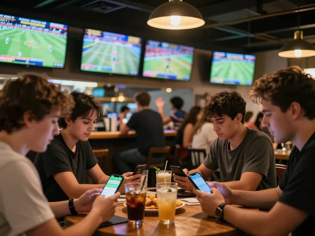 DABET users engaging in live sports betting at a modern bar with excitement