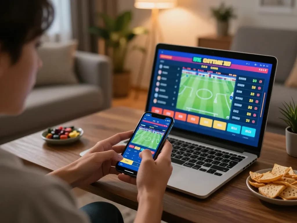 KADAL778 sports betting setup with a user placing bets on a smartphone in a cozy living room.