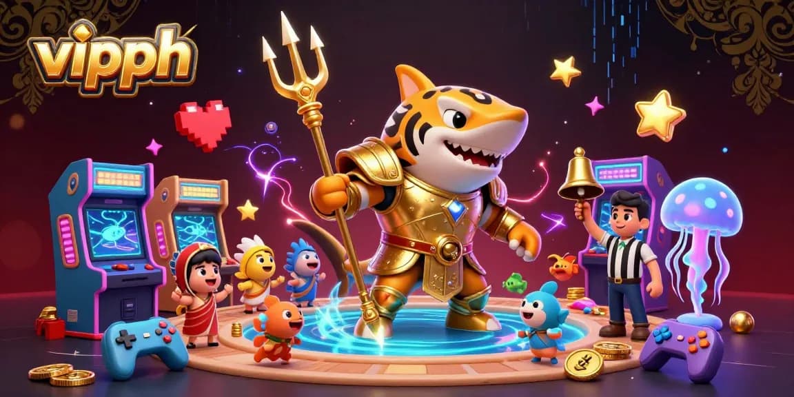Experience thrilling wins at vipph with a dynamic underwater casino scene featuring a gladiator shark and vibrant game elements.