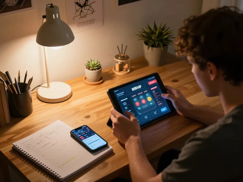 Player enjoying rikvip online gaming on a tablet with strategic notes and warm lighting