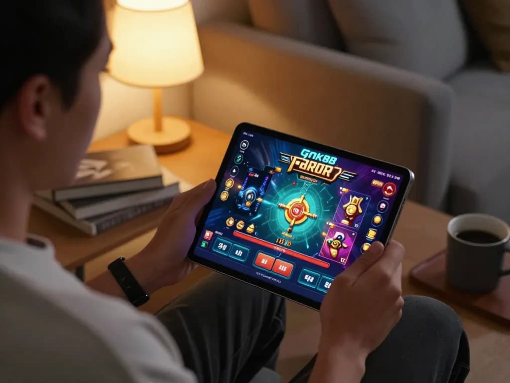 gnk88 user engaging with mobile casino game app in a cozy home environment