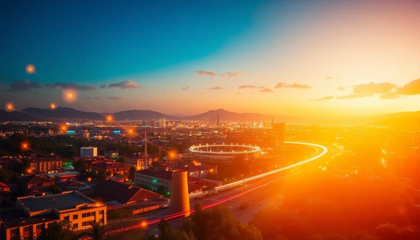 African skyline with elements of Africa igaming news depicted through modern urban imagery.