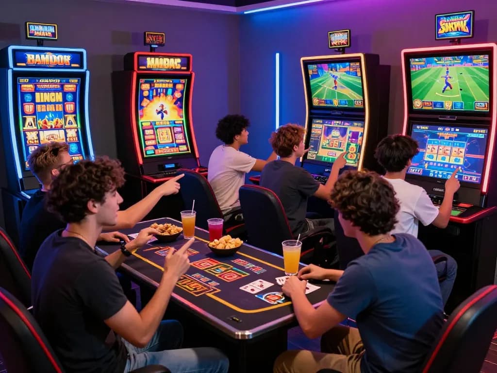 Engaging group playing kuwin online games, featuring slots and sports betting, in a vibrant setting.