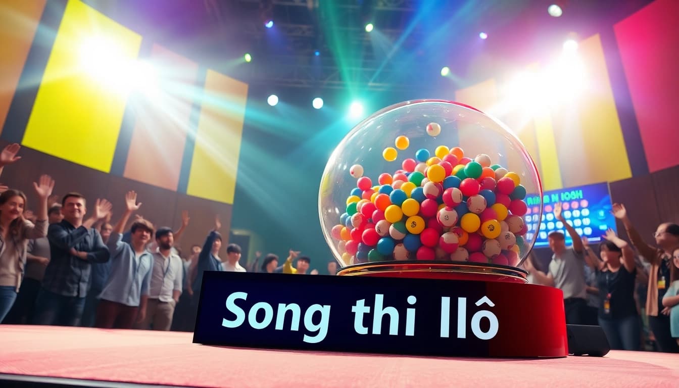 Exciting lottery drawing scene with colorful balls showcasing Song thủ lô and engaging audience.
