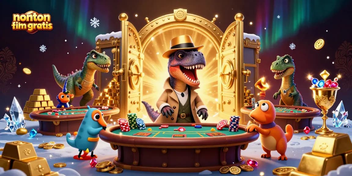 Experience nonton film gratis at the animated casino scene, featuring a velociraptor card counter and a stegosaurus pit boss.