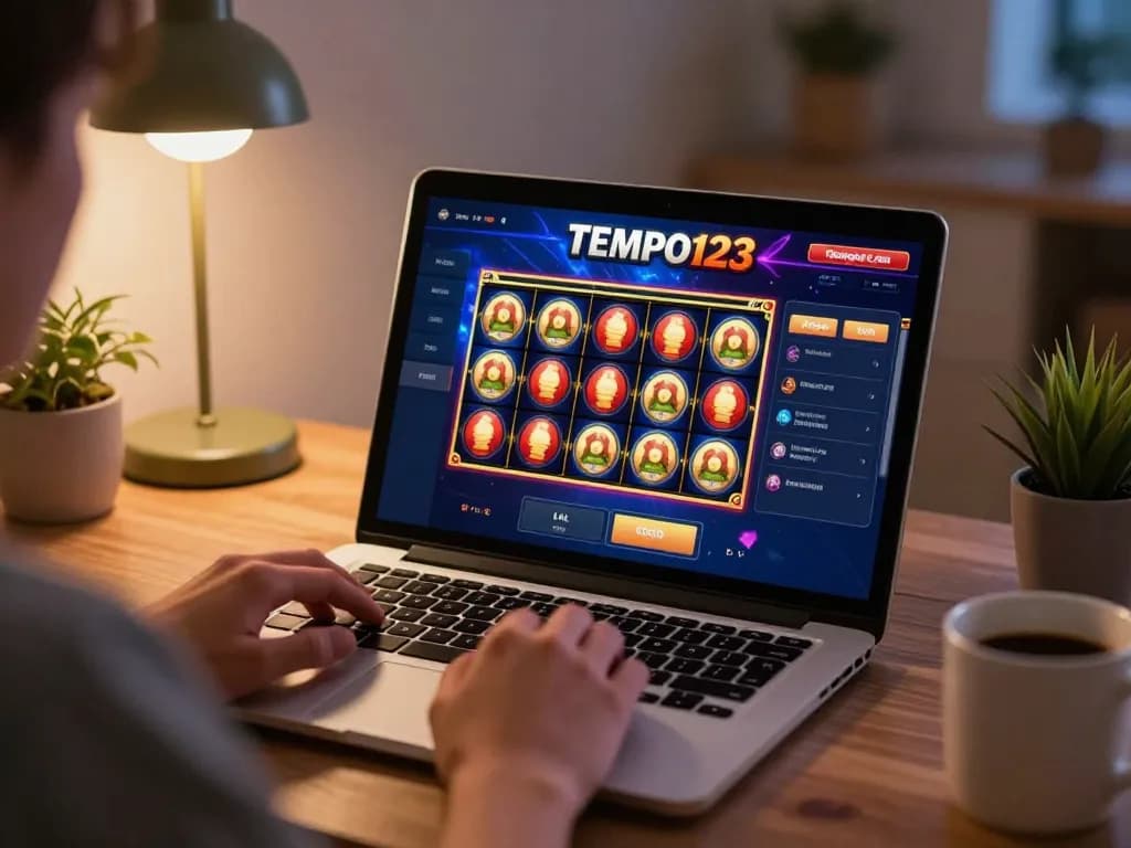 Perhatikan slot Tempo123 berputar secara online di pengaturan permainan rumah yang nyaman dengan pencahayaan hangat.