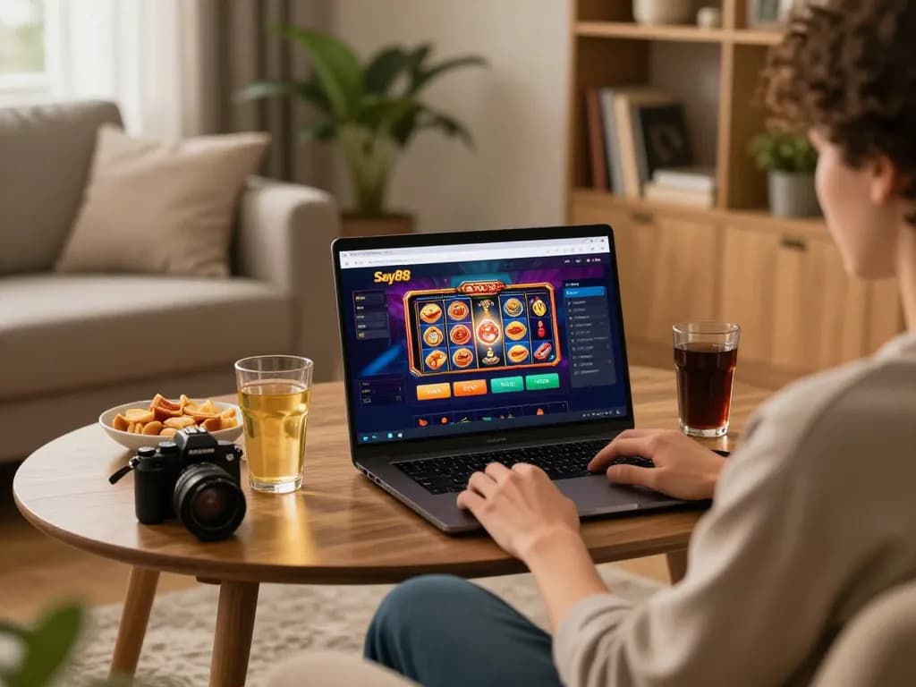 Engaging in online gaming at Say88, a player enjoys a vibrant casino interface in a cozy home setting.