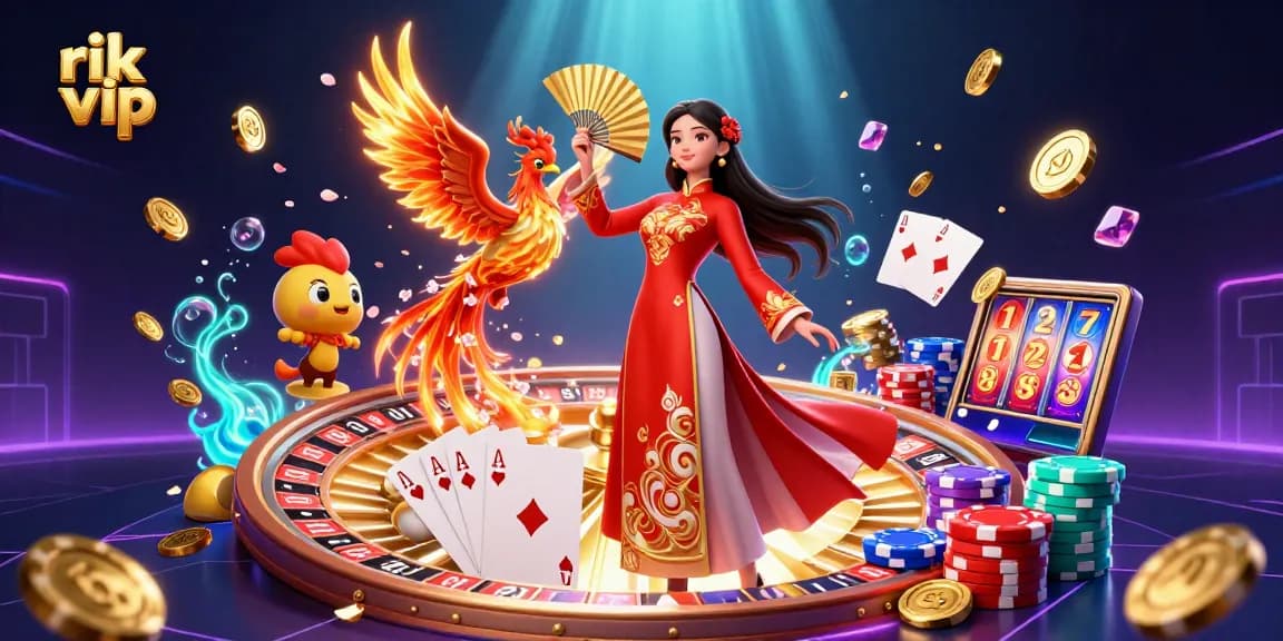 Play and win at rik vip with a vibrant 3D casino scene featuring traditional Vietnamese elements.