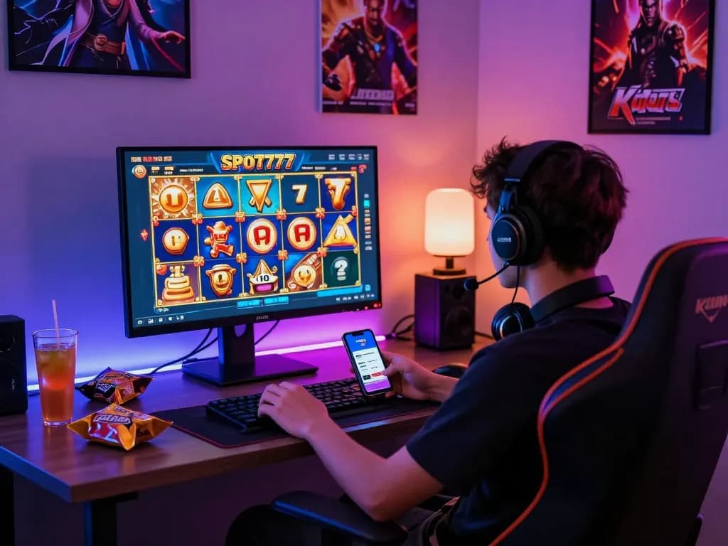 Engaging KDSLOT online gaming scene with player immersed in Slot777 experience.