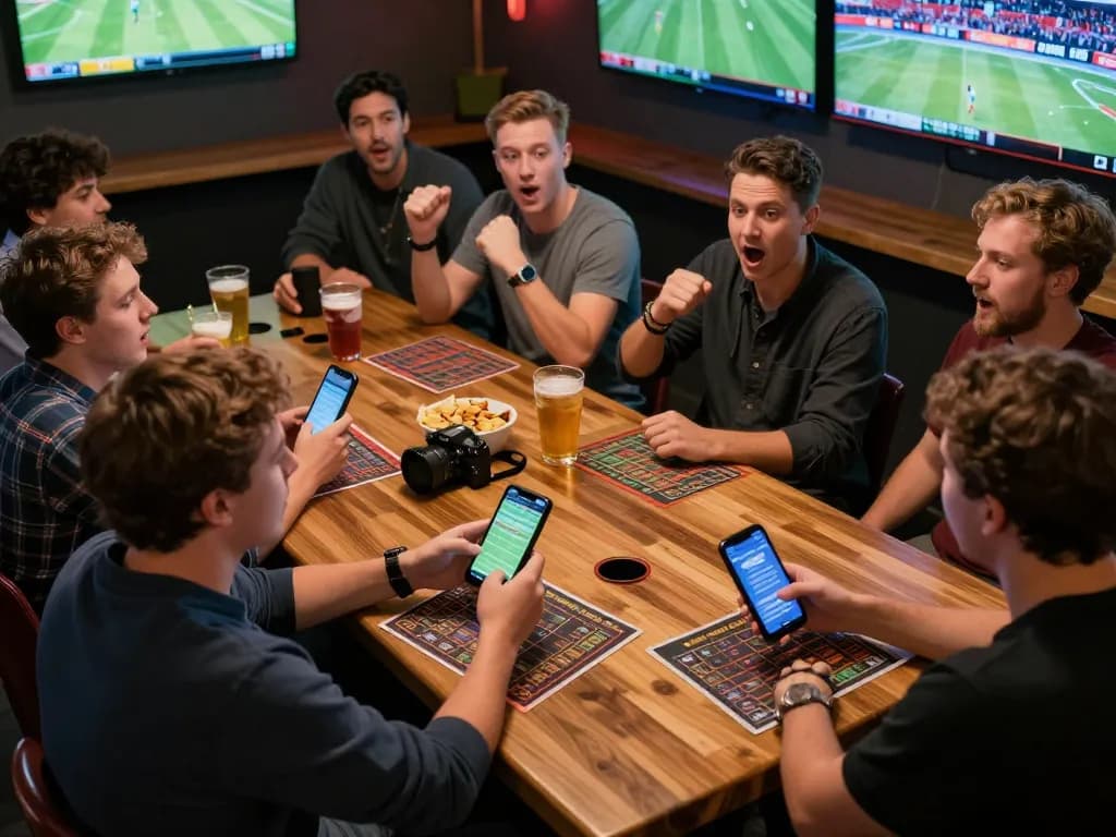 Participants engaging in sports betting at O8, capturing the excitement and strategy of live betting in a lively bar setting